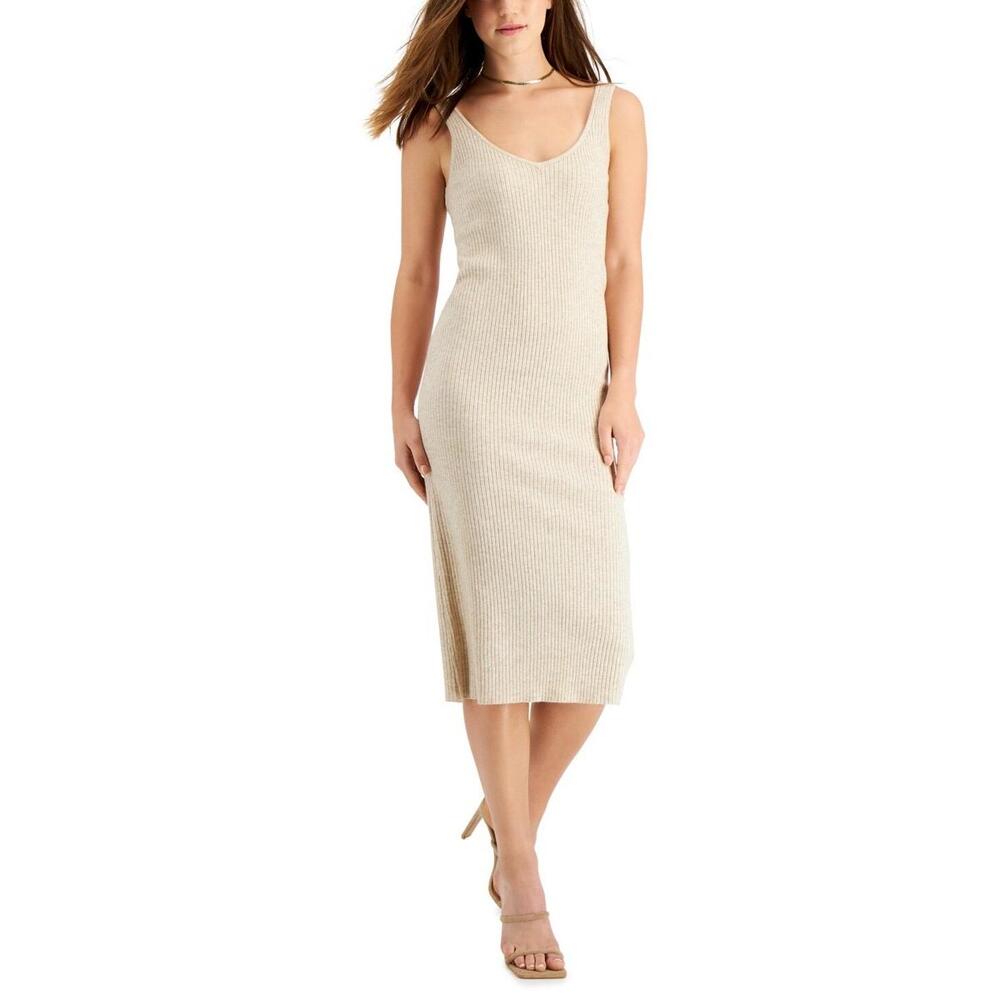 Lucy Paris Denver Beige Ribbed Knit Open Back Midi Sweater Dress Size Small